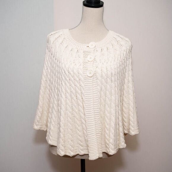 Talbots ivory hand knit poncho shawl cape sweater cardigan button - Picture 1 of 7